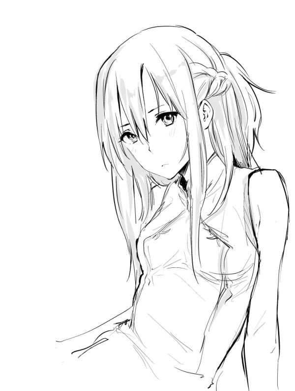bare_shoulders, braid, monochrome, npt_(calpis), ponytail, sketch, solo, sword_art_online