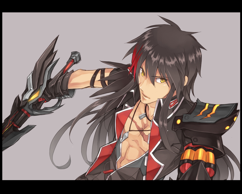 armor, black_hair, daizu_yan, elsword, gloves, grey_background, jewelry, long_hair, male, multicolored_hair, muscle, necklace, raven_(elsword), red_hair, redhead, serious, solo, sword, two-tone_hair, weapon, yellow_eyes
