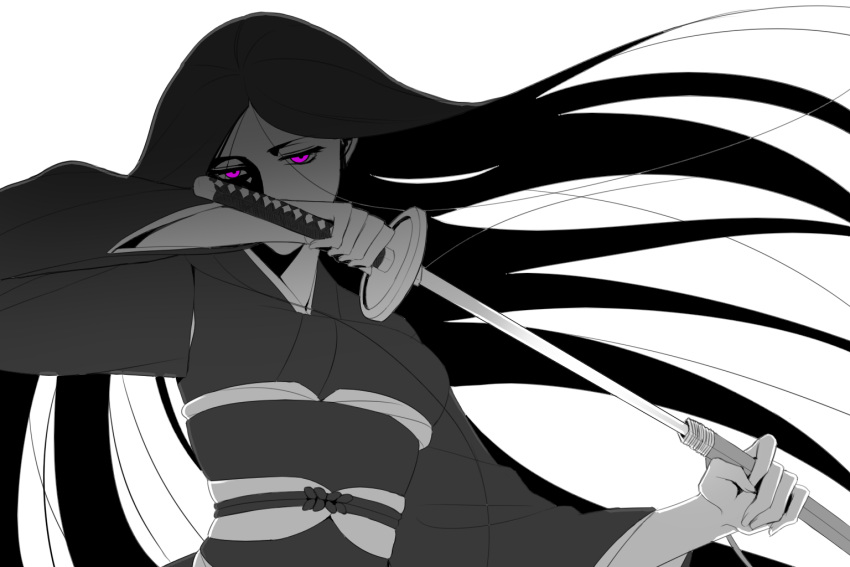 bleach, bust, hair_down, japanese_clothes, katana, ktsis, long_hair, looking_at_viewer