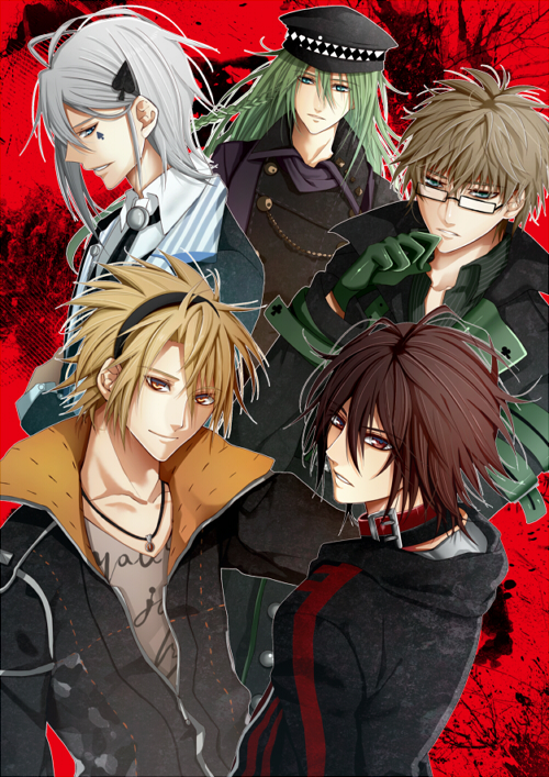 amnesia_(idea_factory), blonde_hair, brown_eyes, brown_hair, choker, gloves, green_eyes, green_hair, hair_ornament, hairband, hairpin, hat, ikki_(amnesia), jacket, jewelry, kent_(amnesia), long_hair, male, multiple_boys, necklace, necktie, red_background, shin_(amnesia), smile, spade, toma_(amnesia), tsuru_d, ukyou_(amnesia), white_hair