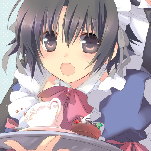 alternate_costume, amano, black_eyes, black_hair, blush, crossdressinging, cup, food