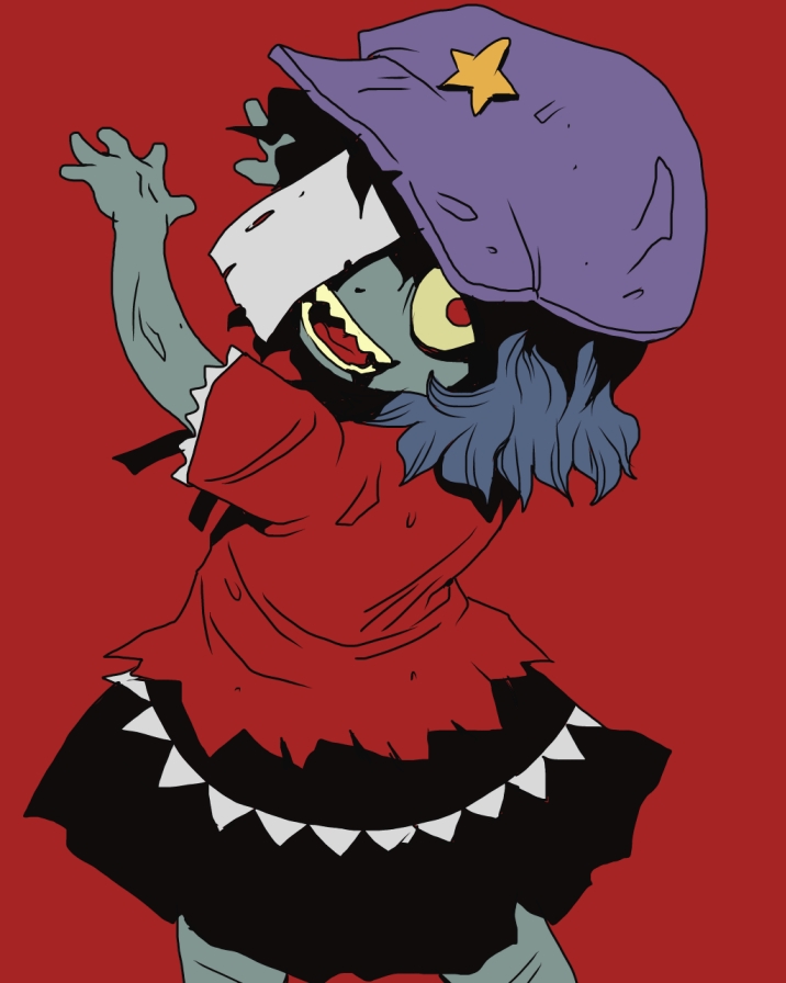 blue_hair, dress, from_behind, grey_skin, hat, jiangshi, looking_at_viewer, looking_back