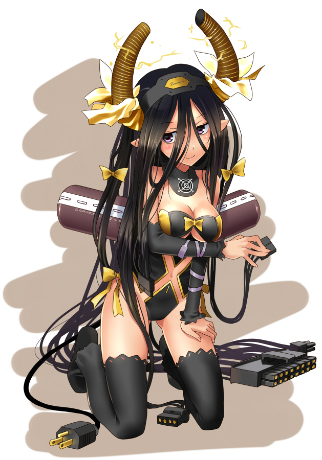 bare_shoulders, black_hair, black_legwear, blush, bow, breasts, cleavage, detached_sleeves
