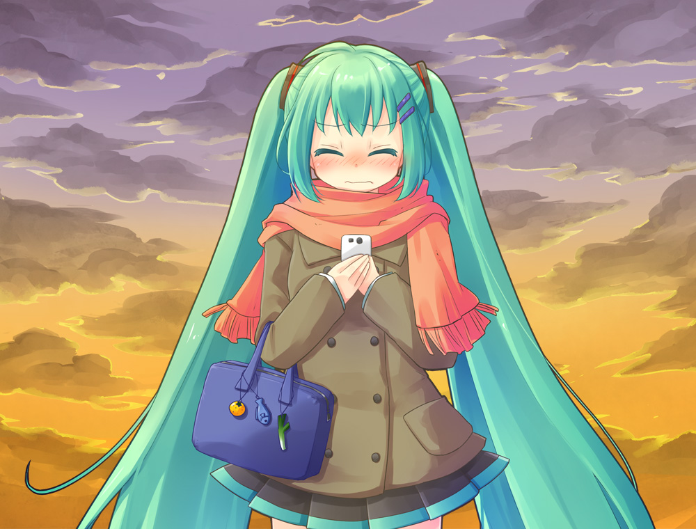 blush, cellphone, closed_eyes, cloud, clouds, coat, eyes_closed, green_hair
