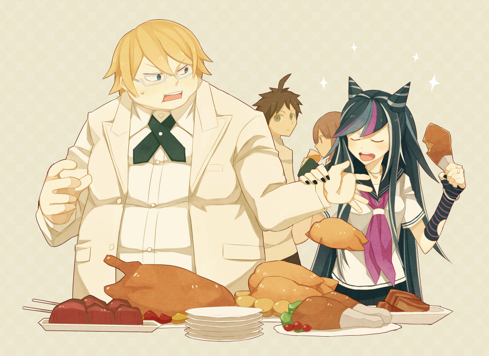 2girls, black_hair, blonde_hair, brown_hair, dangan_ronpa, drinking, food, glasses, hinata_hajime, long_hair, meat, mioda_ibuki, multicolored_hair, multiple_boys, multiple_girls, nanami_chiaki, pink_hair, school_uniform, serafuku, super_dangan_ronpa_2, togami_byakuya, yow