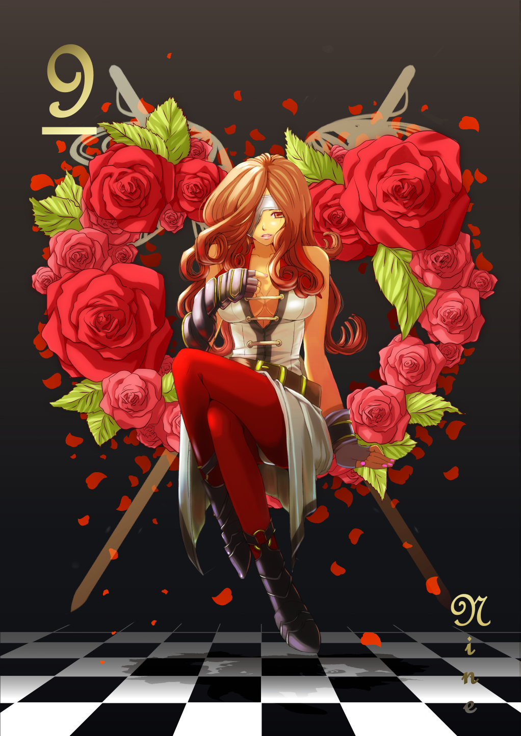 armor, beatrix, belt, breasts, brown_hair, checkered, checkered_floor, cleavage, crossed_legs, drill_hair, eyepatch, final_fantasy, final_fantasy_ix, flower, full_body, heart, highres, holixholi, legs_crossed, long_hair, one-eyed, pantyhose, petals, red_legwear, rose, rose_petals, sitting, sleeveless, solo