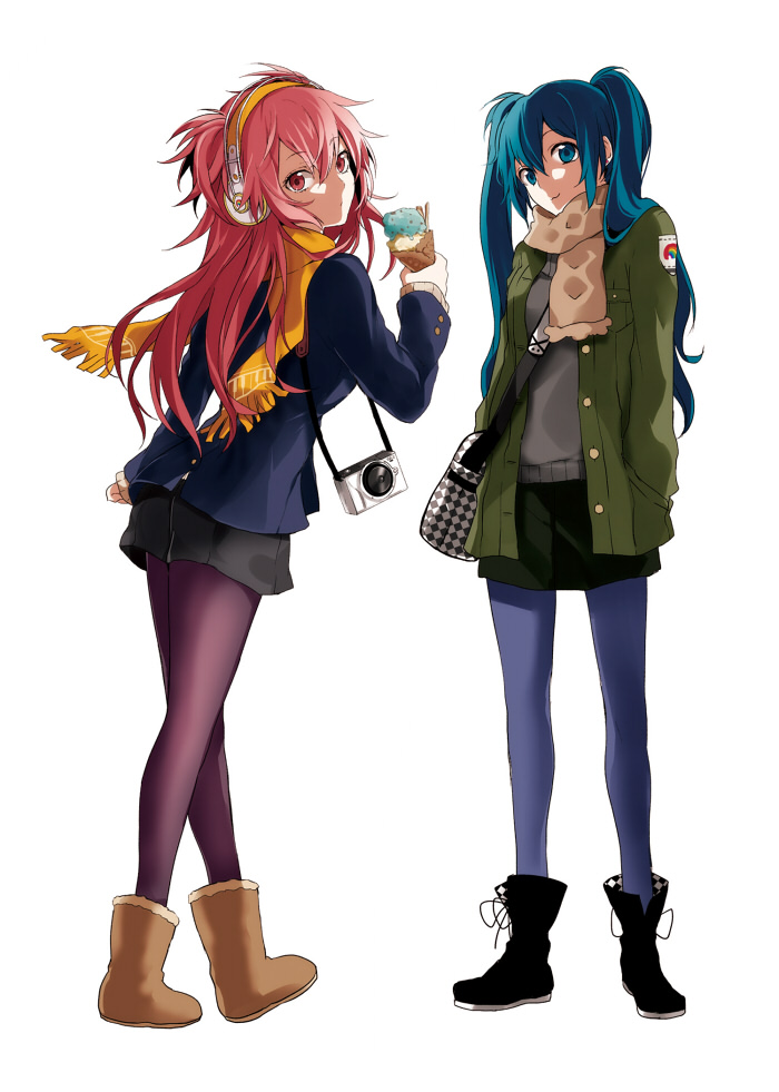 :3, aqua_eyes, aqua_hair, arisaka_ako, bag, blue_legwear, boots, camera