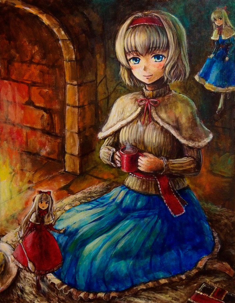 alice_margatroid, blonde_hair, blue_eyes, book, capelet, cup, dress, fire