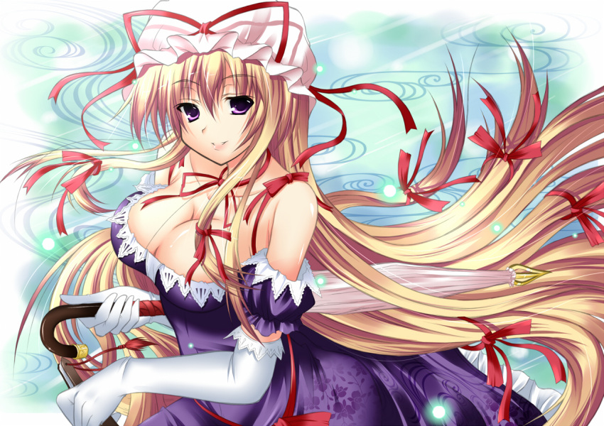 blonde_hair, breasts, cleavage, elbow_gloves, gloves, hair_ribbon, hat, kibou_tsubame