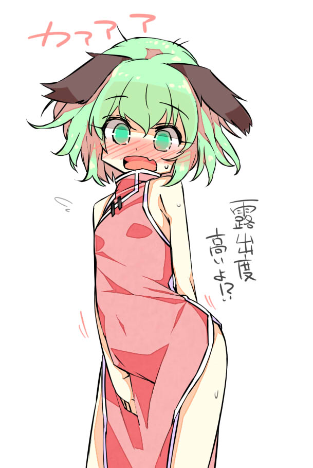 alternate_costume, animal_ears, blush, china_dress, chinese_clothes, fang, green_eyes, green_hair