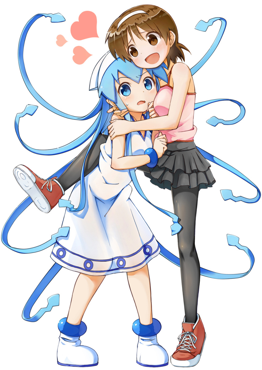 blue_eyes, blue_hair, blush, brown_eyes, brown_hair, dress, frilled_skirt, hairband, hat, heart, highres, hug, ikamusume, leg_up, long_hair, looking_at_viewer, multiple_girls, nagatsuki_sanae, naono, open_mouth, pantyhose, shinryaku!_ikamusume, short_hair, simple_background, skirt, tentacle_hair, white_background