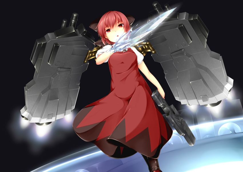 :o, armored_core, boots, bow, cirno, dress, gun, hair_bow
