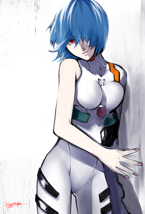 against_wall, asukasukisuki, ayanami_rei, blue_hair, breast_press, breasts, hair_over_one_eye, kurumiya_hato