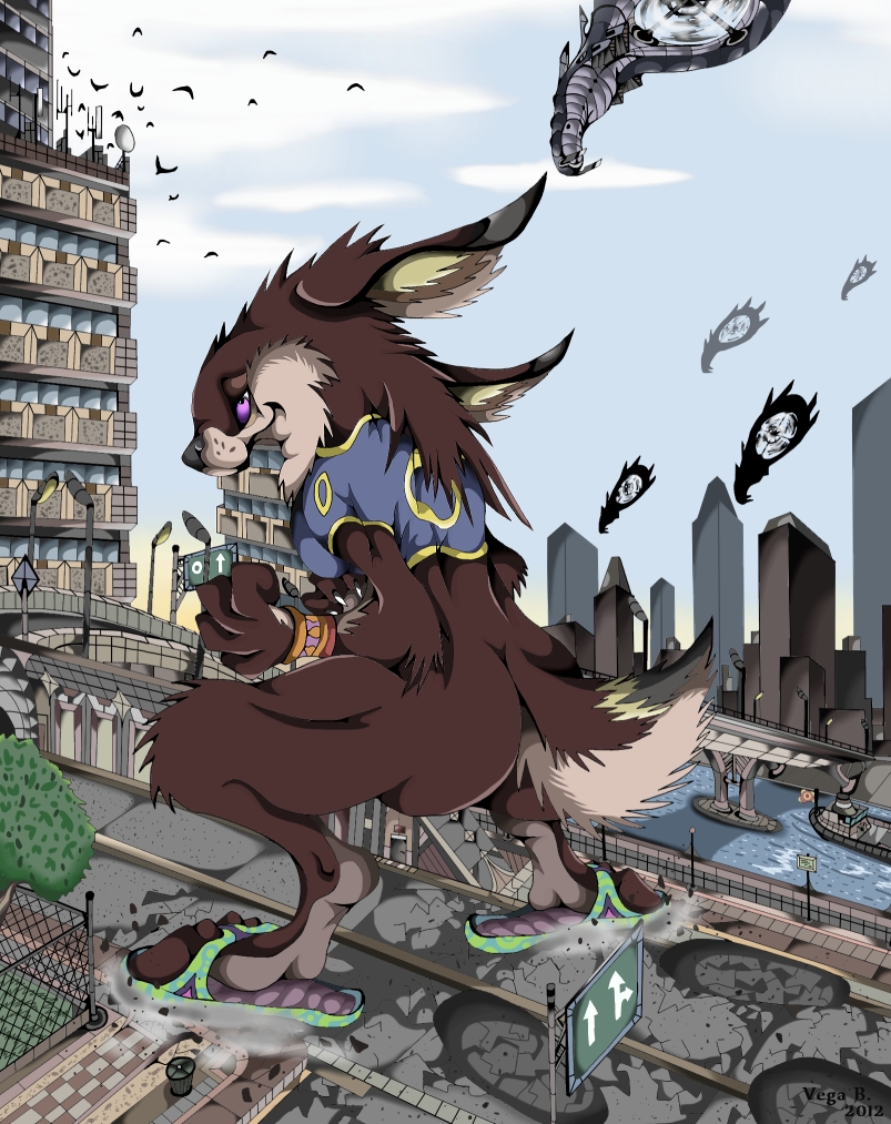 bunny, city, crush, feet, female, flip-flops, giantess, rabbit