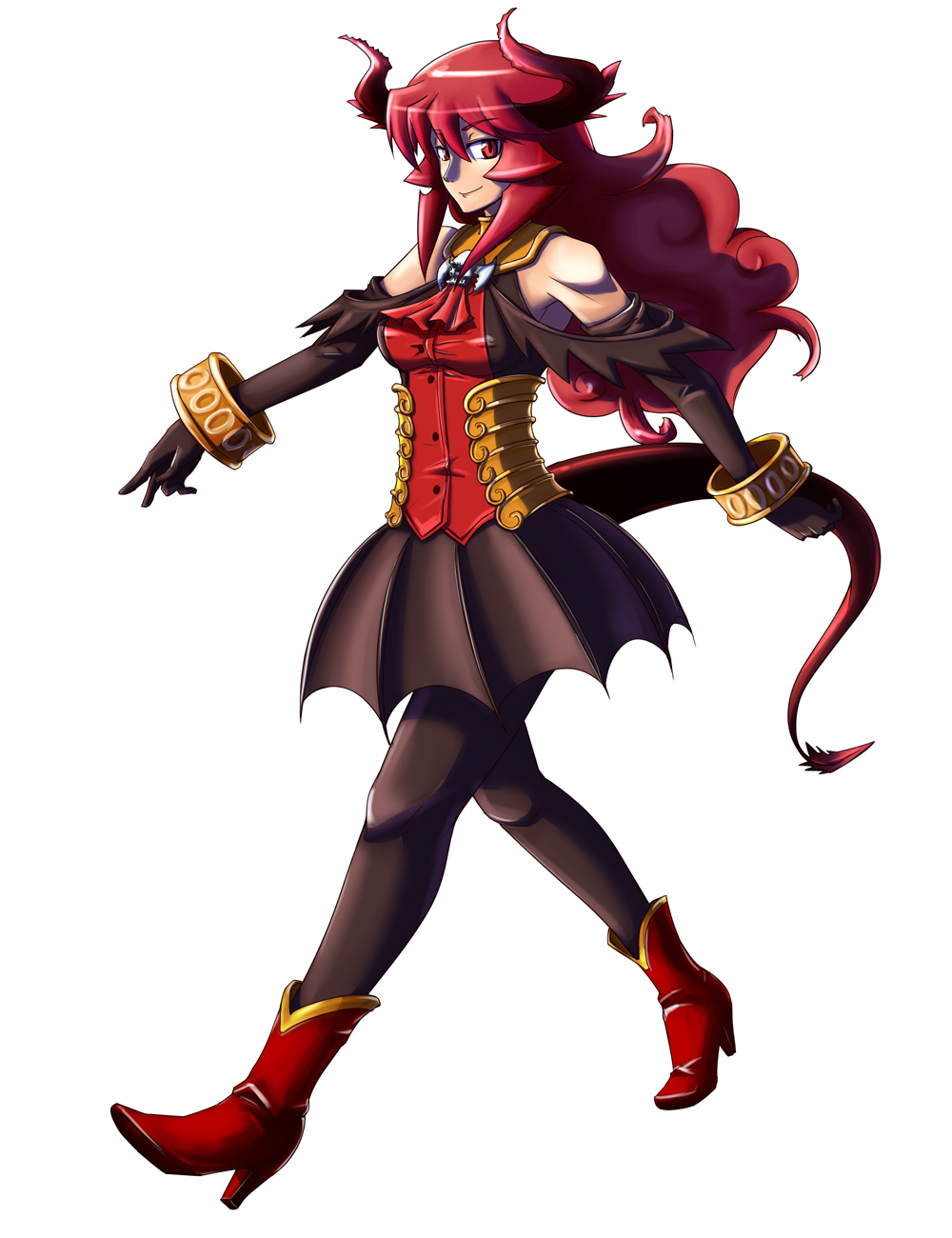 bare_shoulders, boots, bracelet, breasts, demon_girl, demon_tail, elbow_gloves, gloves