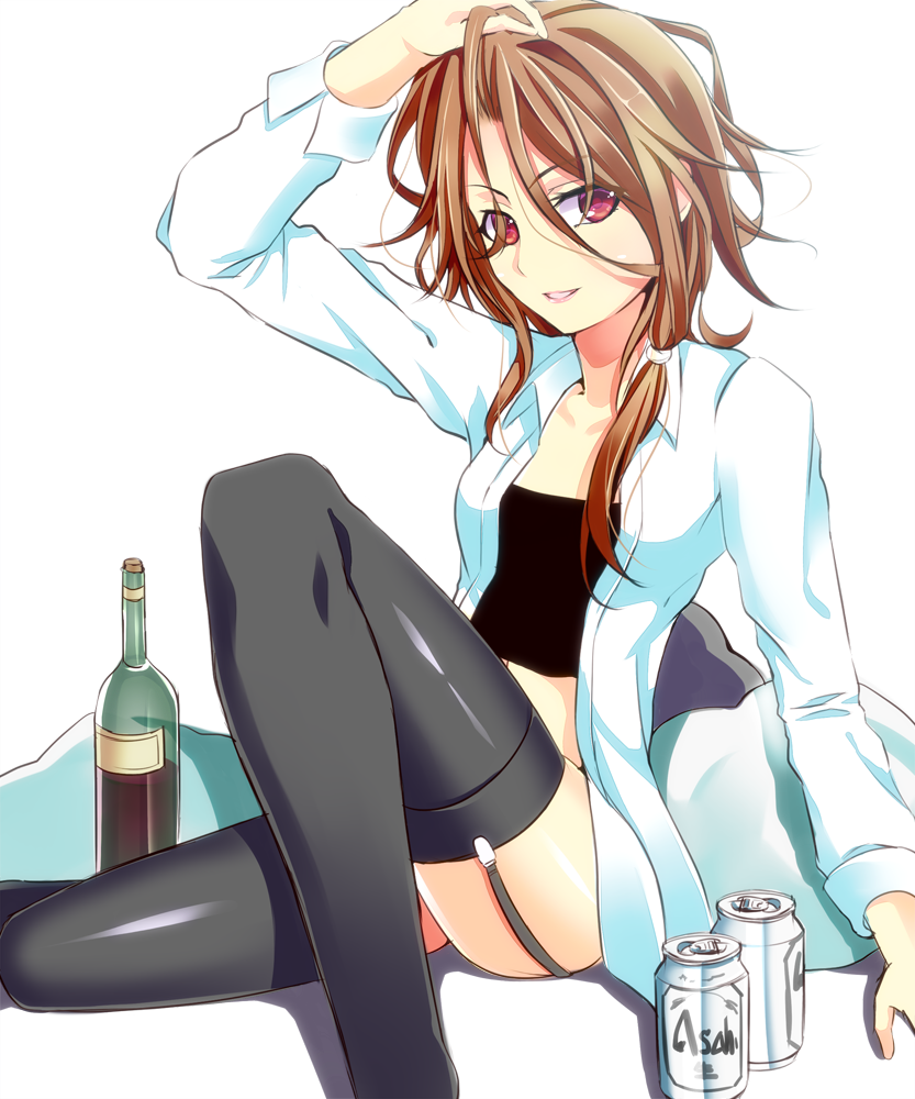 beer, brown_hair, dress_shirt, garter_straps, kazeoto_kirito, lips, looking_at_viewer, messy_hair