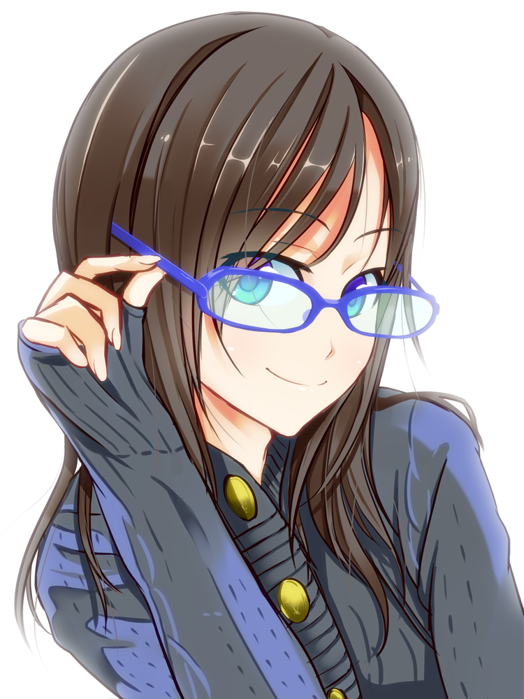 blue-framed_glasses, brown_hair, derivative_work, kazeoto_kirito, long_hair, original, sleeves_past_wrists, solo