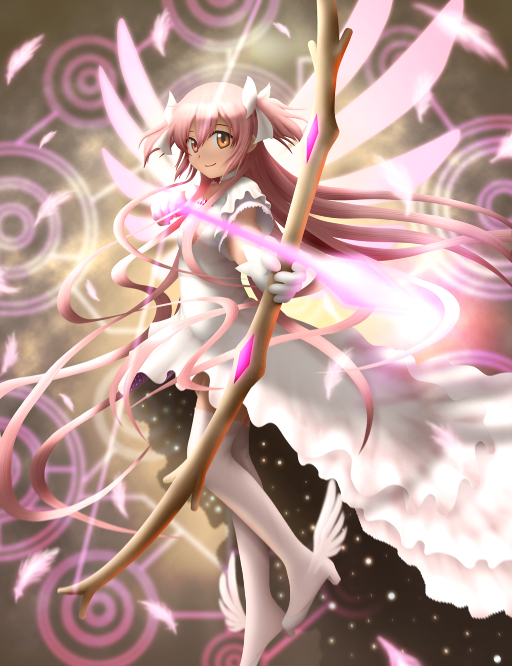 aiming, ankle_wings, arrow, bow, bow_(weapon), dress, feathers, gloves