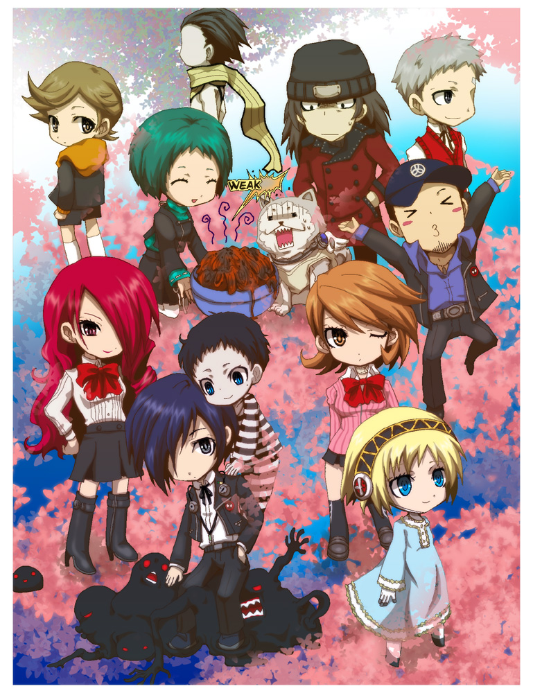 amada_ken, android, animal, aragaki_shinjirou, arisato_minato, bad_cooking, bad_food, bad_id, blonde_hair, blue_hair, bow, brown_hair, chibi, closed_eyes, dog, dress, everyone, green_hair, hat, headband, iori_junpei, kirijou_mitsuru, koromaru, long_hair, mochizuki_ryouji, noraring, pantyhose, persona, persona_3, pharos, red_hair, redhead, sanada_akihiko, scarf, school_uniform, short_hair, skirt, smile, takeba_yukari, wink, yamagishi_fuuka