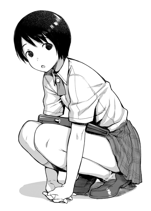 :o, dress_shirt, hands_clasped, hiwatari, kaida_bola, kneehighs, loafers, monochrome