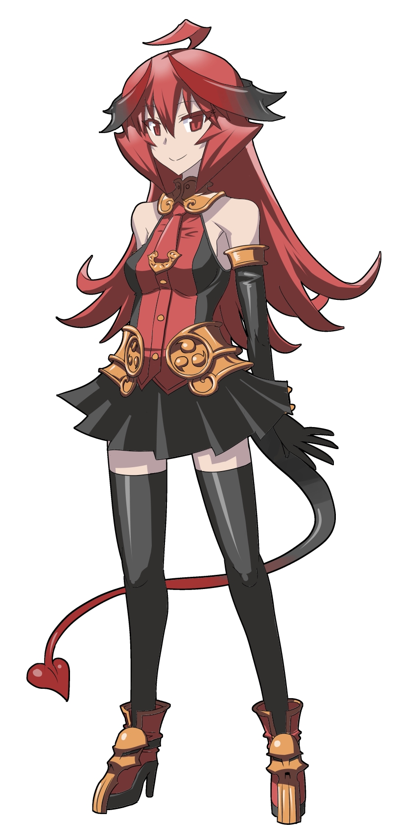 ahoge, armlet, bare_shoulders, black_legwear, boots, bracelet, breasts, demon_girl