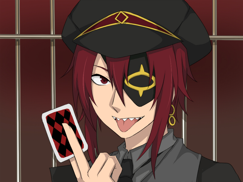 bars, card, earrings, eyepatch, fangs, hat, heart_no_kuni_no_alice, holding