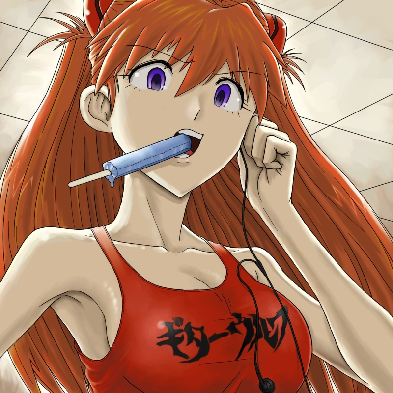 ceiling, earphones, mouth_hold, neon_genesis_evangelion, no_bra, orange_hair, popsicle, purple_eyes, segayuusuke, solo, soryu_asuka_langley, souryuu_asuka_langley, tank_top