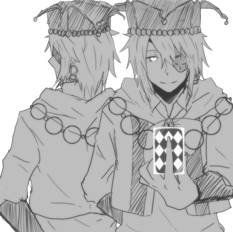 amaimonn, back-to-back, bowtie, card, earrings, eyepatch, greyscale, hat