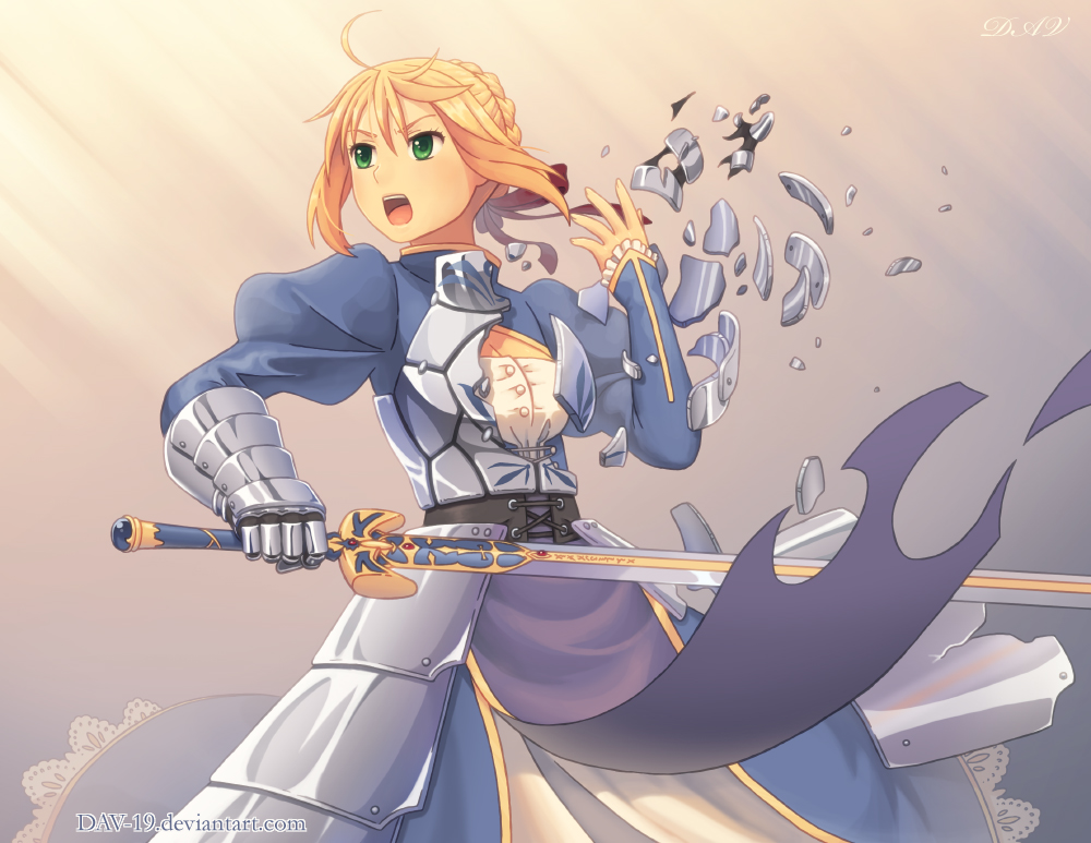 1girl, ahoge, armor, armored_dress, artoria_pendragon_(all), blonde_hair, breasts, broken
