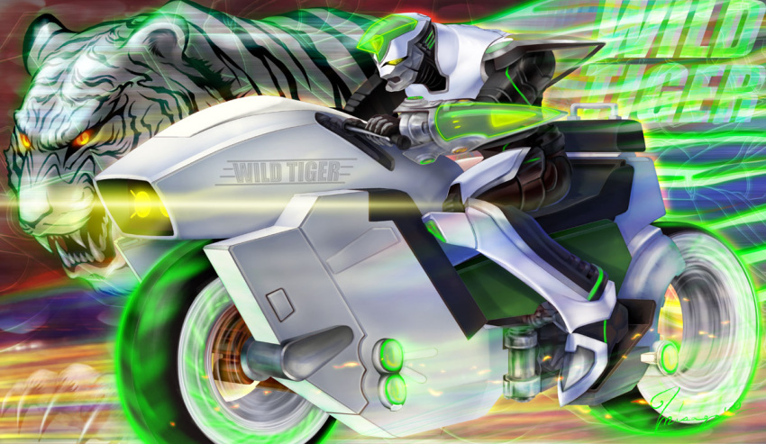 character_name, motor_vehicle, motorcycle, oborohizuki_no_misago, power_armor, power_suit, solo, superhero, tiger, tiger_&amp;_bunny, vehicle, wild_tiger