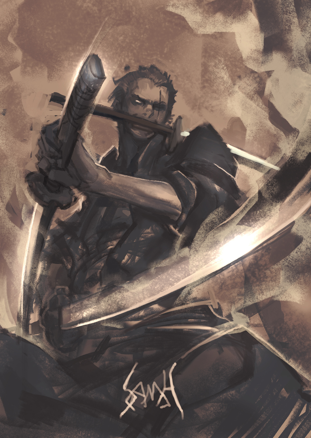 dual_wielding, fighting_stance, haramaki, highres, male, mouth_hold, one-eyed, one_eyed, one_piece, roronoa_zoro, samhu, scar, short_hair, solo, triple_wielding, weapon