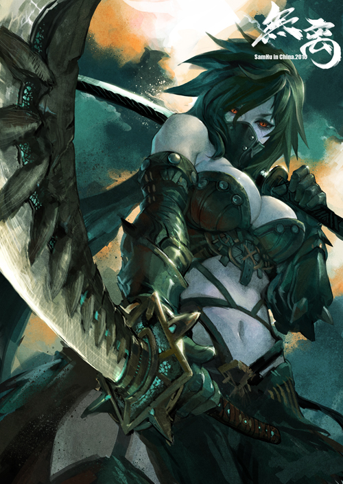 breasts, dual_wielding, mask, navel, original, red_eyes, samhu, solo, sword, weapon