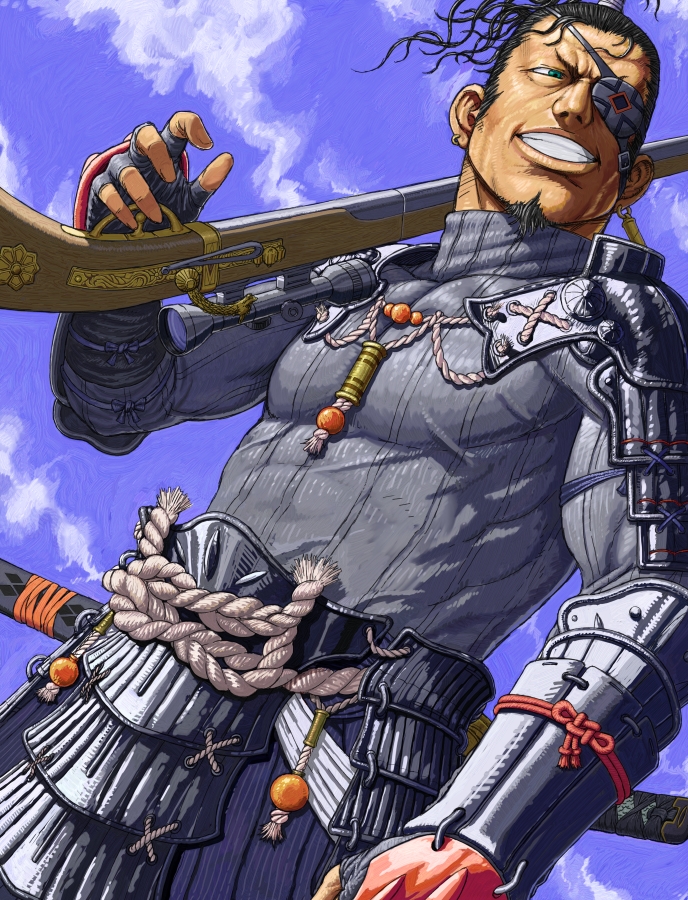 anachronism, antique_firearm, aqua_eyes, armor, beard, cloud, clouds, earrings, eyepatch, facial_hair, fingerless_gloves, gloves, goatee, grin, gun, jewelry, katana, matchlock, musket, original, rifle, samurai, scope, segayuusuke, smile, sword, topknot, turtleneck, weapon