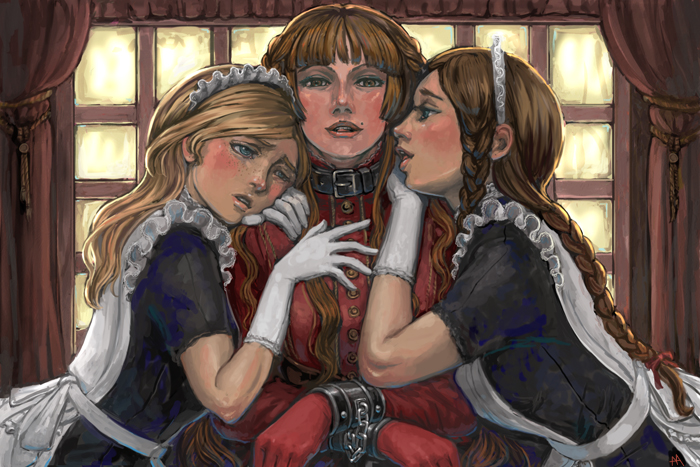 apron, bdsm, blonde_hair, blue_eyes, blush, bondage, braid, collar, cuffs, curtains, freckles, gloves, handcuffs, lips, looking_at_viewer, maid, maya_sawamura_anderson, mole, multiple_girls, onibx, original, window, yuri
