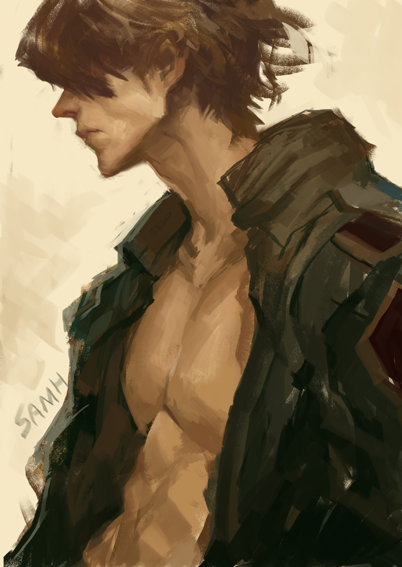 abs, brown_hair, hair_covering_eyes, jacket, original, samhu, solo
