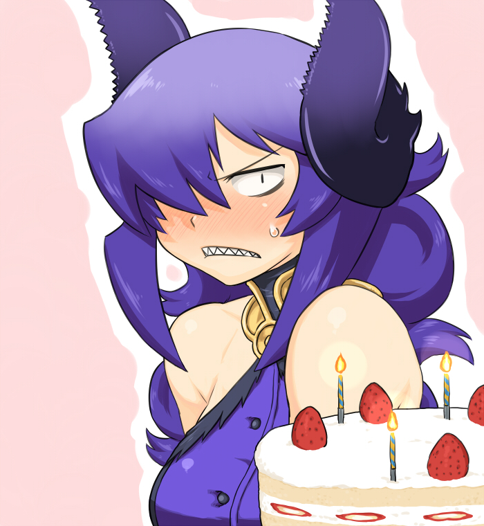 bare_shoulders, birthday_cake, black_eyes, breasts, cake, candle, candles, constricted_pupils