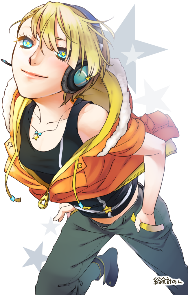 blonde_hair, hands_in_pockets, headset, hooded_jacket, imone_run, jewelry, necklace, pants