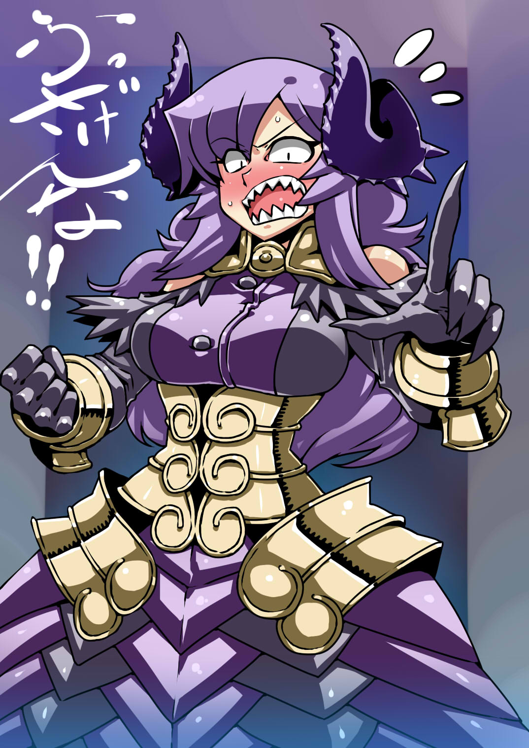 armor, armored_dress, bare_shoulders, black_eyes, blush, bracer, breasts, clenched_hand