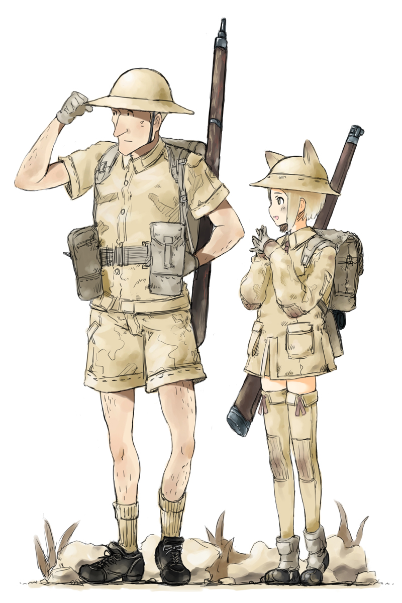 1girl, animal_hat, backpack, bag, coh, expedition, gloves, gun