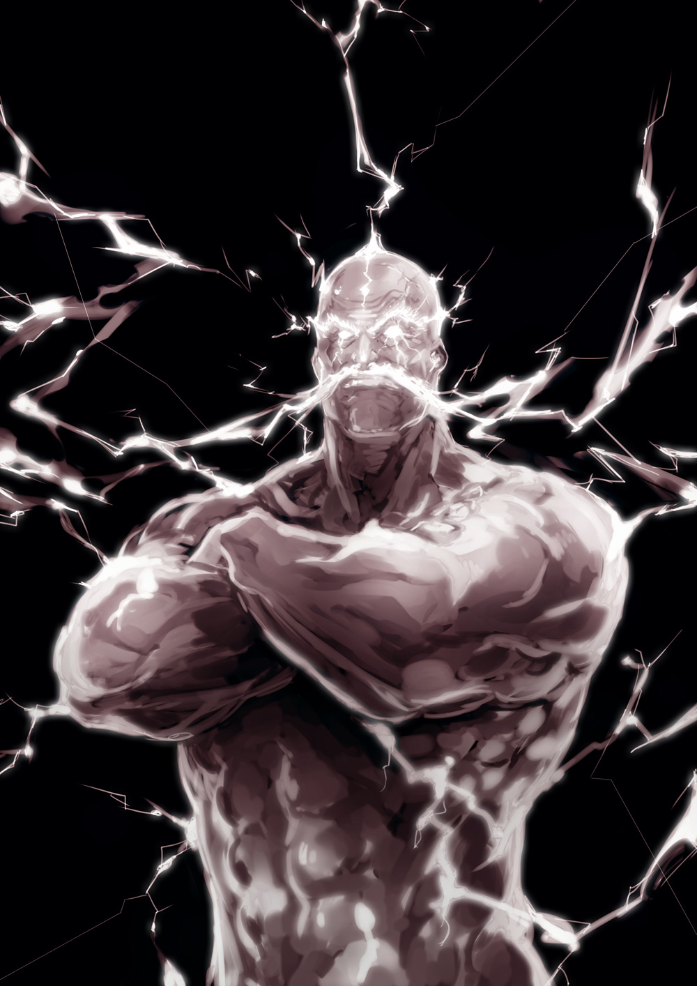 abs, bald, crossed_arms, double_tens, electricity, facial_hair, glowing, glowing_eyes, god, highres, manly, monochrome, muscle, mustache, original, raijin, solo