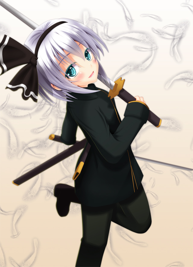 alternate_costume, blush, dual_wielding, ghost_okada, hairband, holding, katana, konpaku_youmu
