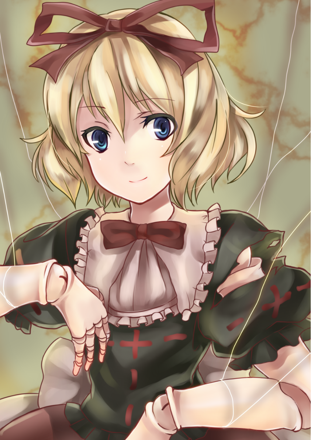 blonde_hair, blue_eyes, doll_joints, dress, hair_ribbon, highres, hisaori_riko, looking_at_viewer