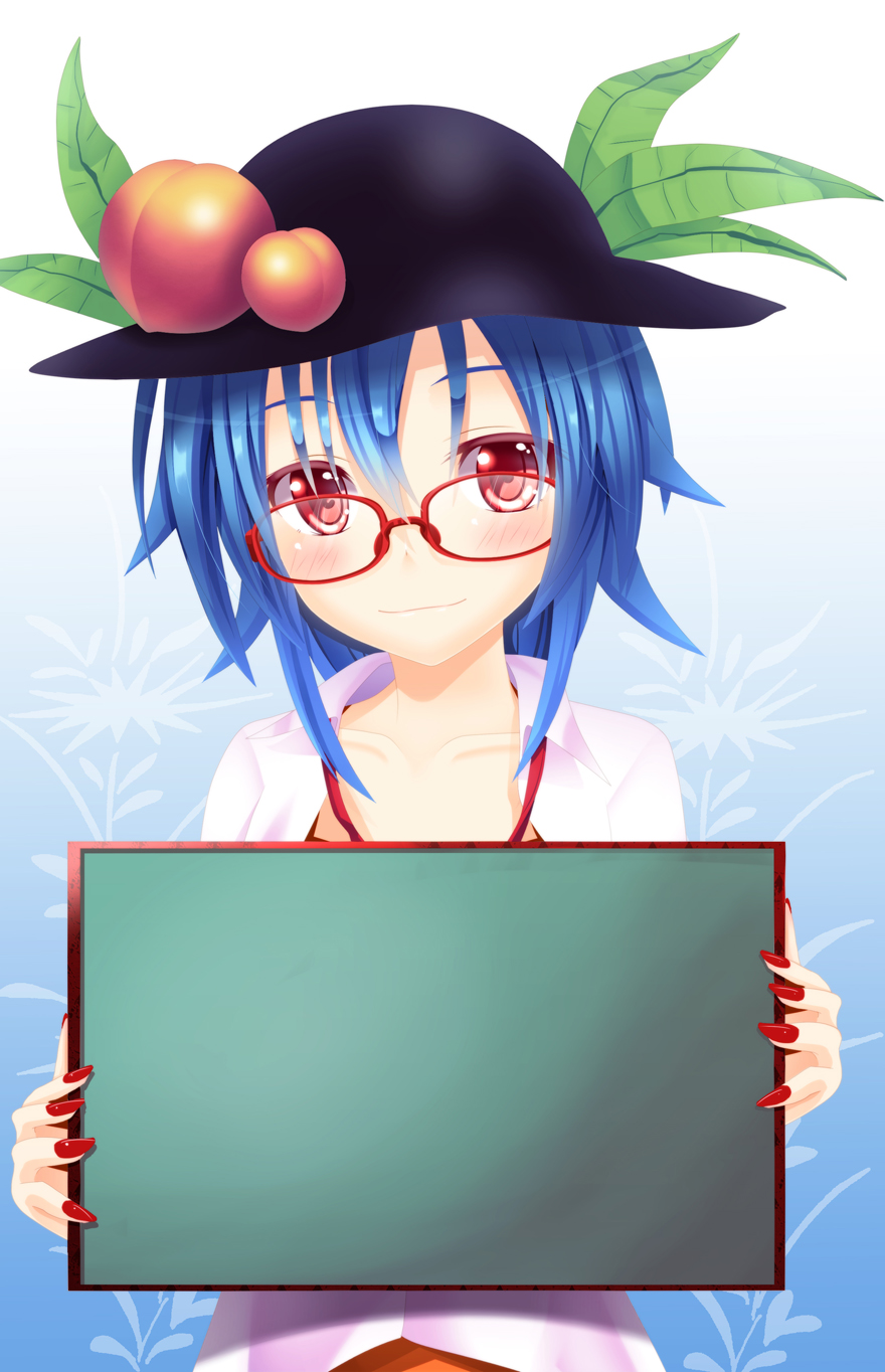 bespectacled, blue_hair, blush, collarbone, food, fruit, ghost_okada, glasses