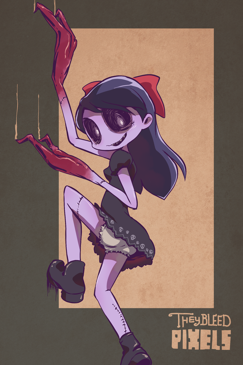 black_hair, black_sclera, blood, bloomers, boots, bow, claw_mark, claws