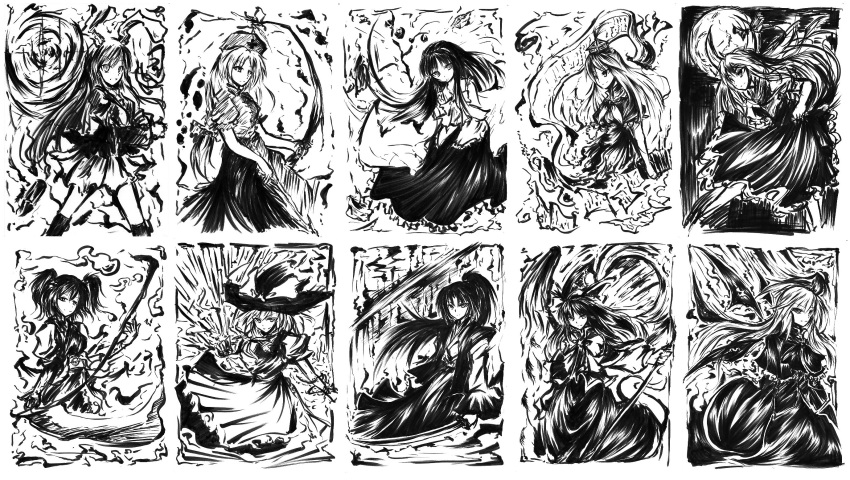 highres, houraisan_kaguya, kamishirasawa_keine, kirisame_marisa, meira, mima, monochrome, onozuka_komachi