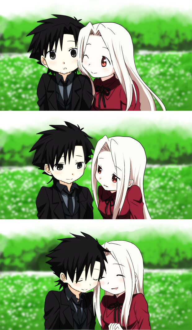 1girl, black_eyes, black_hair, cheek-to-cheek, chibi, closed_eyes, couple, creator_connection, emiya_kiritsugu, eyes_closed, facial_hair, fate/zero, fate_(series), formal, hiroshi_(kitaro), husband_and_wife, irisviel_von_einzbern, long_hair, luminous_(madoka_magica), mahou_shoujo_madoka_magica, necktie, parody, red_eyes, ribbon, short_hair, silver_hair, stubble, suit, urobuchi_gen