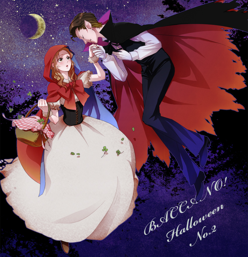 1boy, 1girl, baccano!, basket, bow, brown_eyes, brown_hair, cape