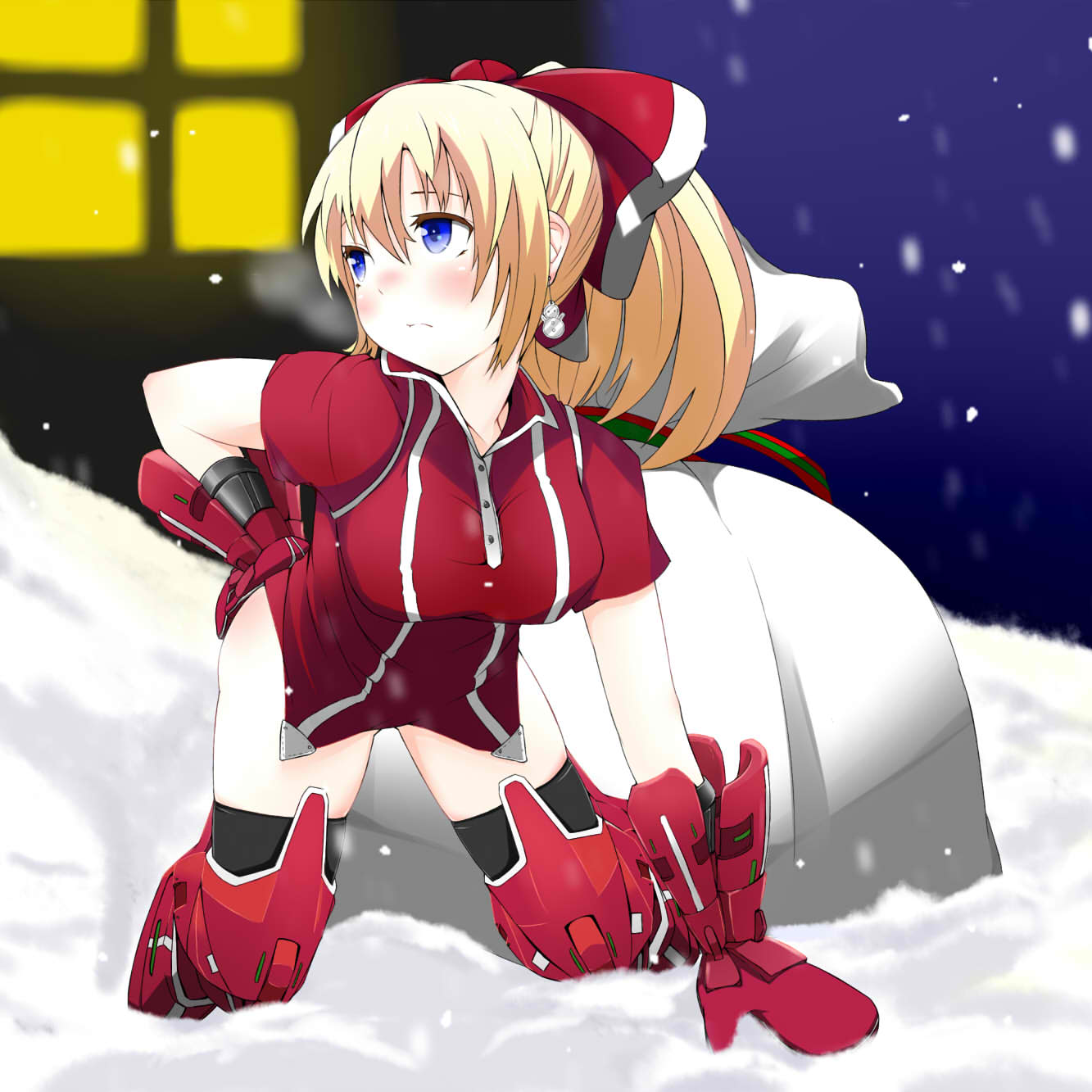 black_legwear, blonde_hair, blue_eyes, blush, chawa_(yossui009), christmas, earrings, gloves