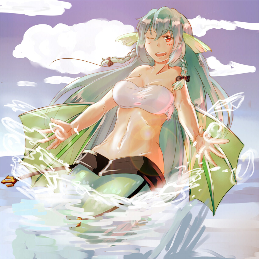 ;d, bare_shoulders, bikini_top, blue_hair, blush, bow, braid, breasts