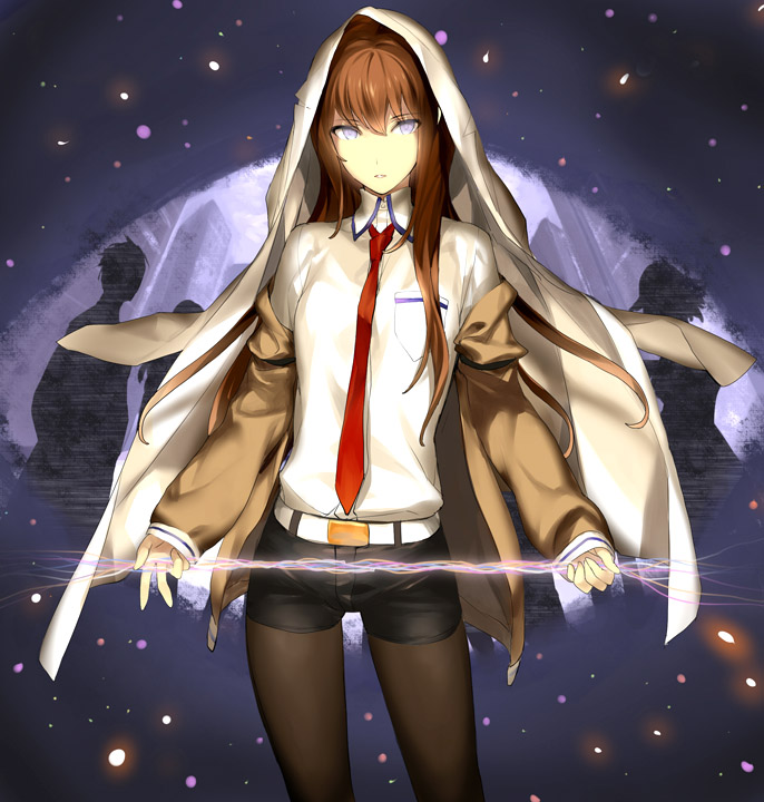coat, ginka_sima, jacket_on_shoulders, legwear_under_shorts, long_hair, makise_kurisu, necktie, pantyhose